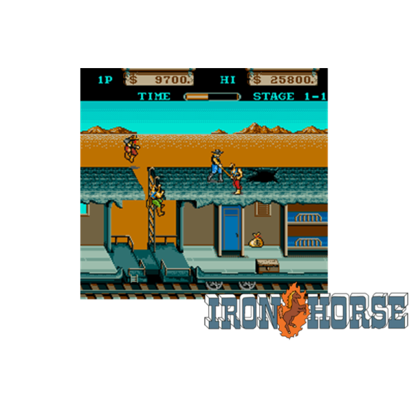 Immagine che porta a spezzone video tratto dal videogioco arcade a scorrimento orizzontale da sala giochi "Iron Horse"