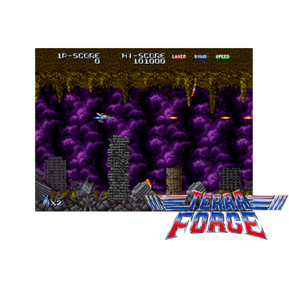 Immagine che porta a spezzone video tratto dal videogioco sparatutto a scorrimento orizzontale da sala giochi "Terra Force"
