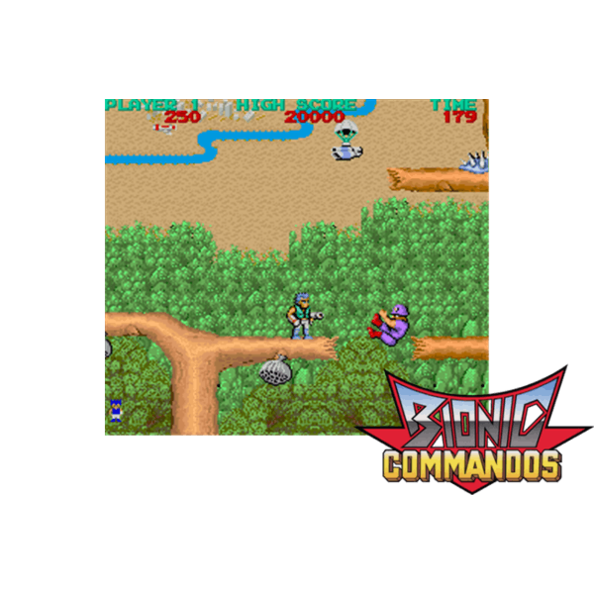 Immagine che porta a spezzone video tratto dal videogioco arcade a scorrimento orizzontale da sala giochi "Bionic Commandos"