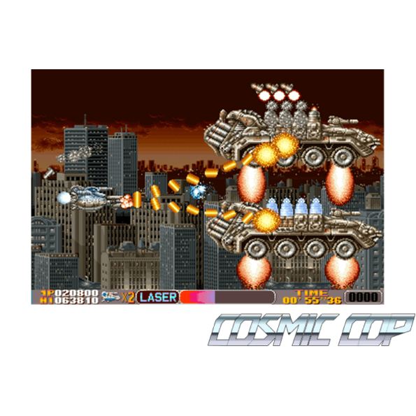Immagine che porta a spezzone video del videogioco sparatutto a scorrimento orizzontale da sala giochi "Cosmic cop"