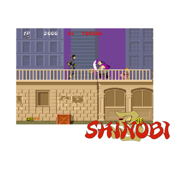 Immagine che porta a spezzone video tratto dal videogioco arcade a scorrimento orizzontale da sala giochi "Shinobi"